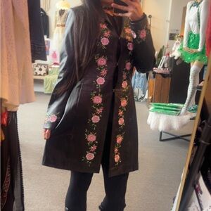 Vintage Floral Embroidered Black Leather Trench Coat Boho Jacket